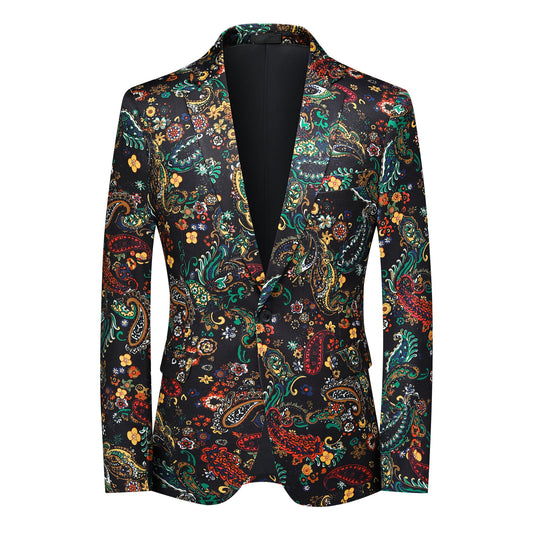Multi # Men's 2-piece ethnic style print suit with one-button peaked lapel and slim fit, plaid and stripe patterned blazer jacket with matching trousers, fully lined formal wear for party, dinner, wedding and special occasions, isolated on white background.
