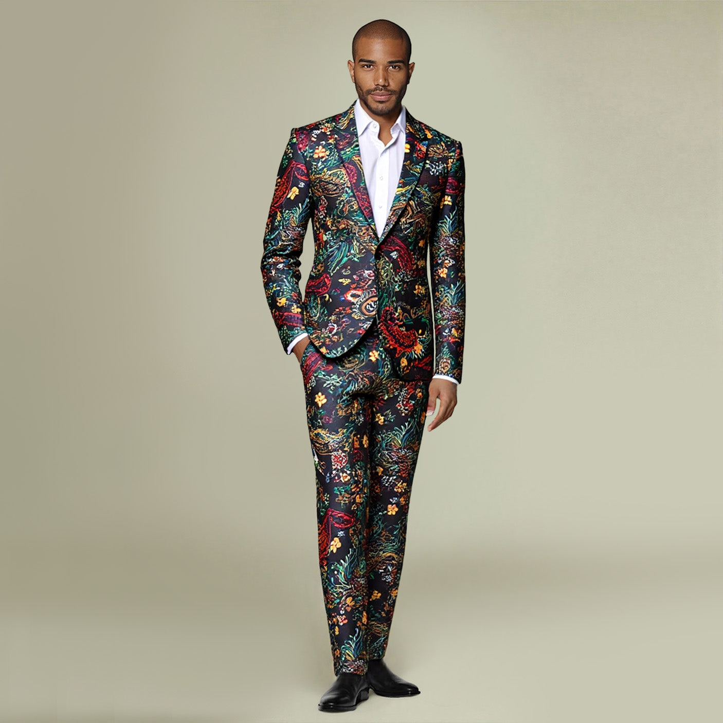 Multi # Men's 2-piece ethnic style print suit with one-button peaked lapel and slim fit, plaid and stripe patterned blazer jacket with matching trousers, fully lined formal wear for party, dinner, wedding and special occasions, isolated on white background.