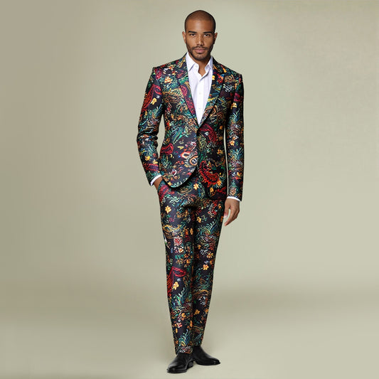 Multi # Men's 2-piece ethnic style print suit with one-button peaked lapel and slim fit, plaid and stripe patterned blazer jacket with matching trousers, fully lined formal wear for party, dinner, wedding and special occasions, isolated on white background.