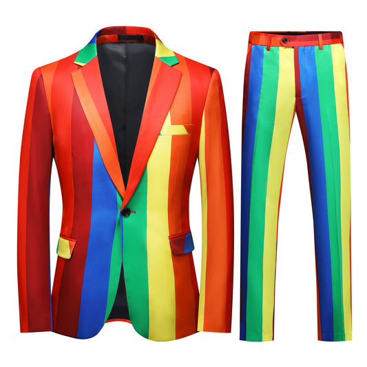 Rainbow # Men's slim fit 2-piece colorblock celebration suit with one-button peaked lapel and stripe plaid design, rainbow multi-color formal blazer jacket with 4-button cuffs and fully lined interior, matching trousers for party, celebration, prom and festive events, isolated on white background.