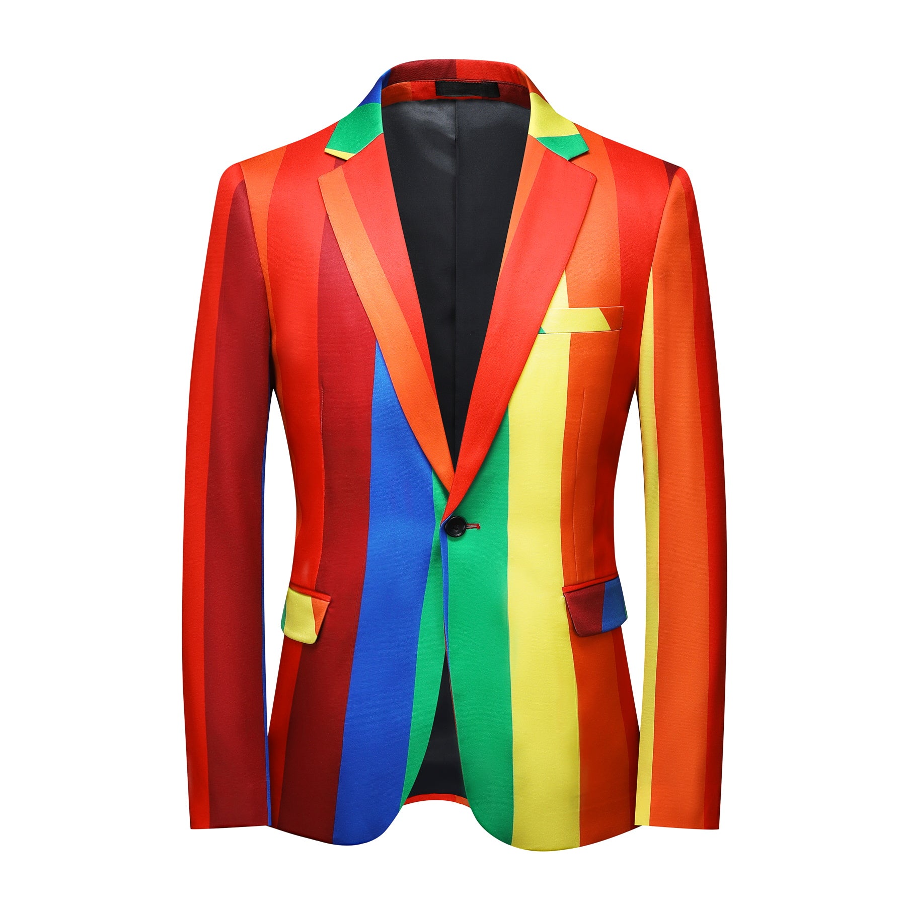Rainbow # Men's slim fit 2-piece colorblock celebration suit with one-button peaked lapel and stripe plaid design, rainbow multi-color formal blazer jacket with 4-button cuffs and fully lined interior, matching trousers for party, celebration, prom and festive events, isolated on white background.