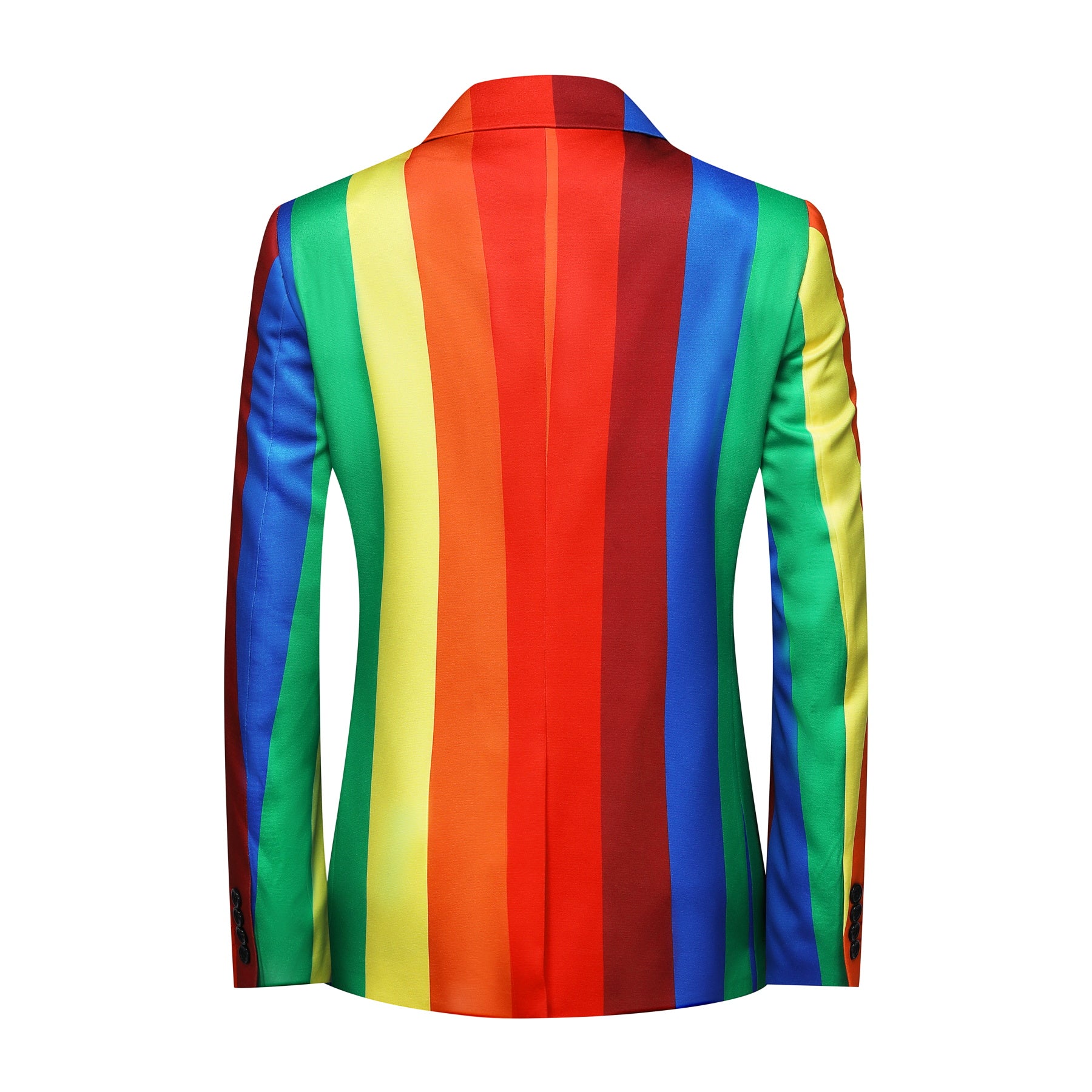 Rainbow # Men's slim fit 2-piece colorblock celebration suit with one-button peaked lapel and stripe plaid design, rainbow multi-color formal blazer jacket with 4-button cuffs and fully lined interior, matching trousers for party, celebration, prom and festive events, isolated on white background.