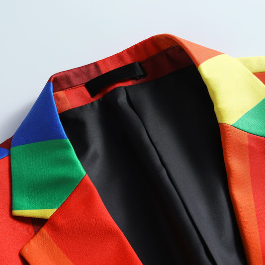 Rainbow # Men's slim fit 2-piece colorblock celebration suit with one-button peaked lapel and stripe plaid design, rainbow multi-color formal blazer jacket with 4-button cuffs and fully lined interior, matching trousers for party, celebration, prom and festive events, isolated on white background.