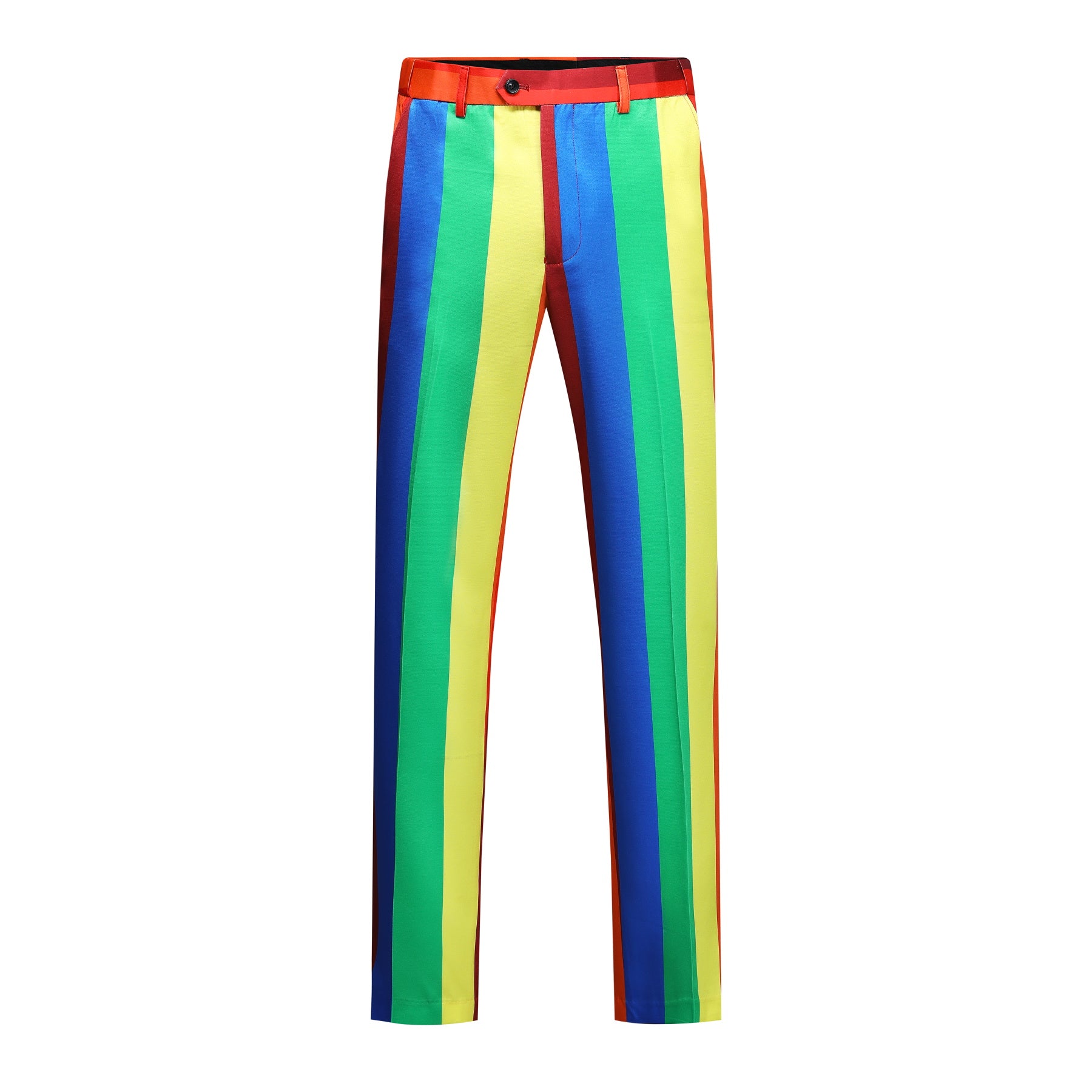 Rainbow # Men's slim fit 2-piece colorblock celebration suit with one-button peaked lapel and stripe plaid design, rainbow multi-color formal blazer jacket with 4-button cuffs and fully lined interior, matching trousers for party, celebration, prom and festive events, isolated on white background.