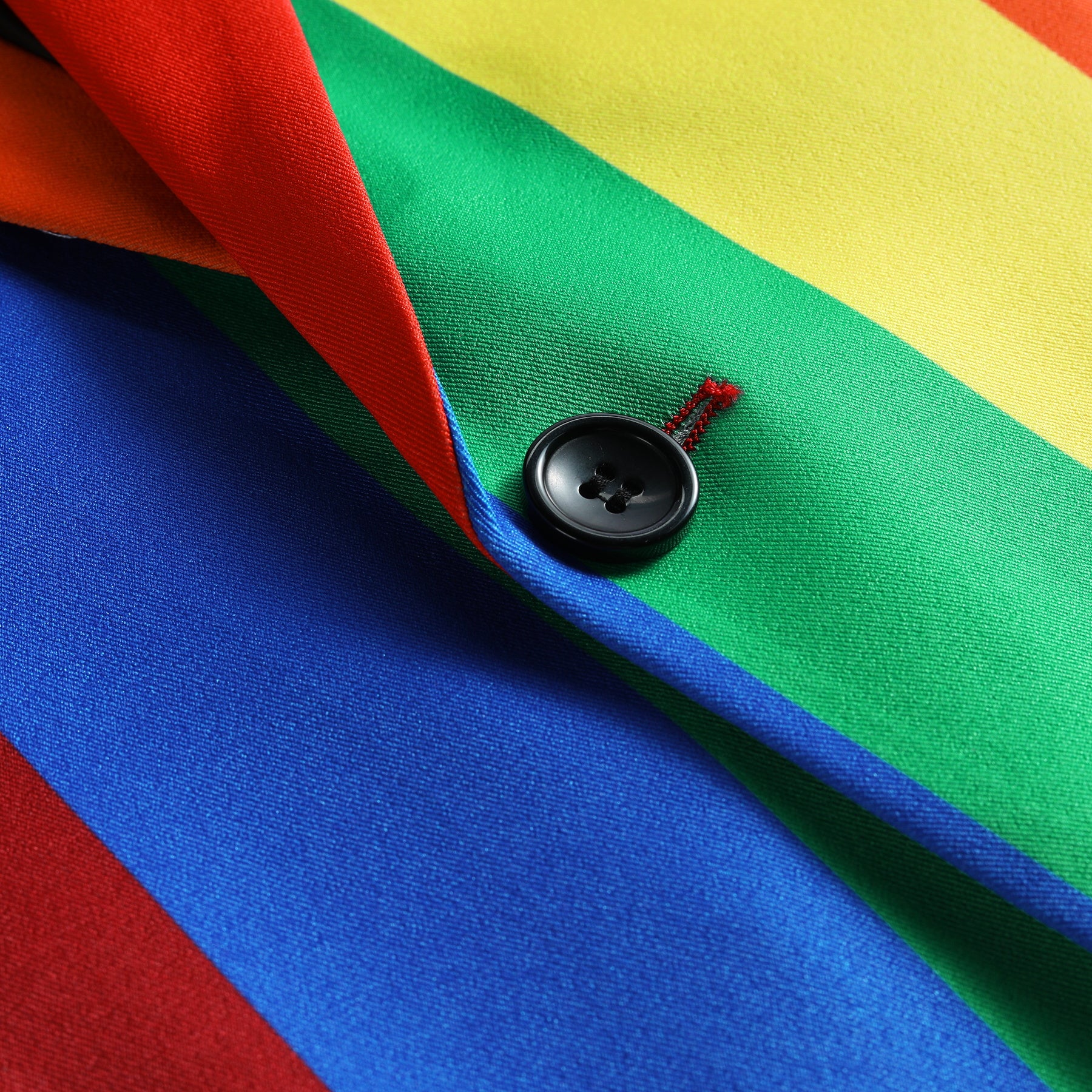 Rainbow # Men's slim fit 2-piece colorblock celebration suit with one-button peaked lapel and stripe plaid design, rainbow multi-color formal blazer jacket with 4-button cuffs and fully lined interior, matching trousers for party, celebration, prom and festive events, isolated on white background.