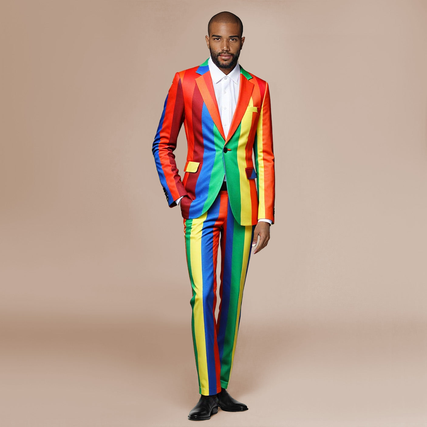 Rainbow # Men's slim fit 2-piece colorblock celebration suit with one-button peaked lapel and stripe plaid design, rainbow multi-color formal blazer jacket with 4-button cuffs and fully lined interior, matching trousers for party, celebration, prom and festive events, isolated on white background.