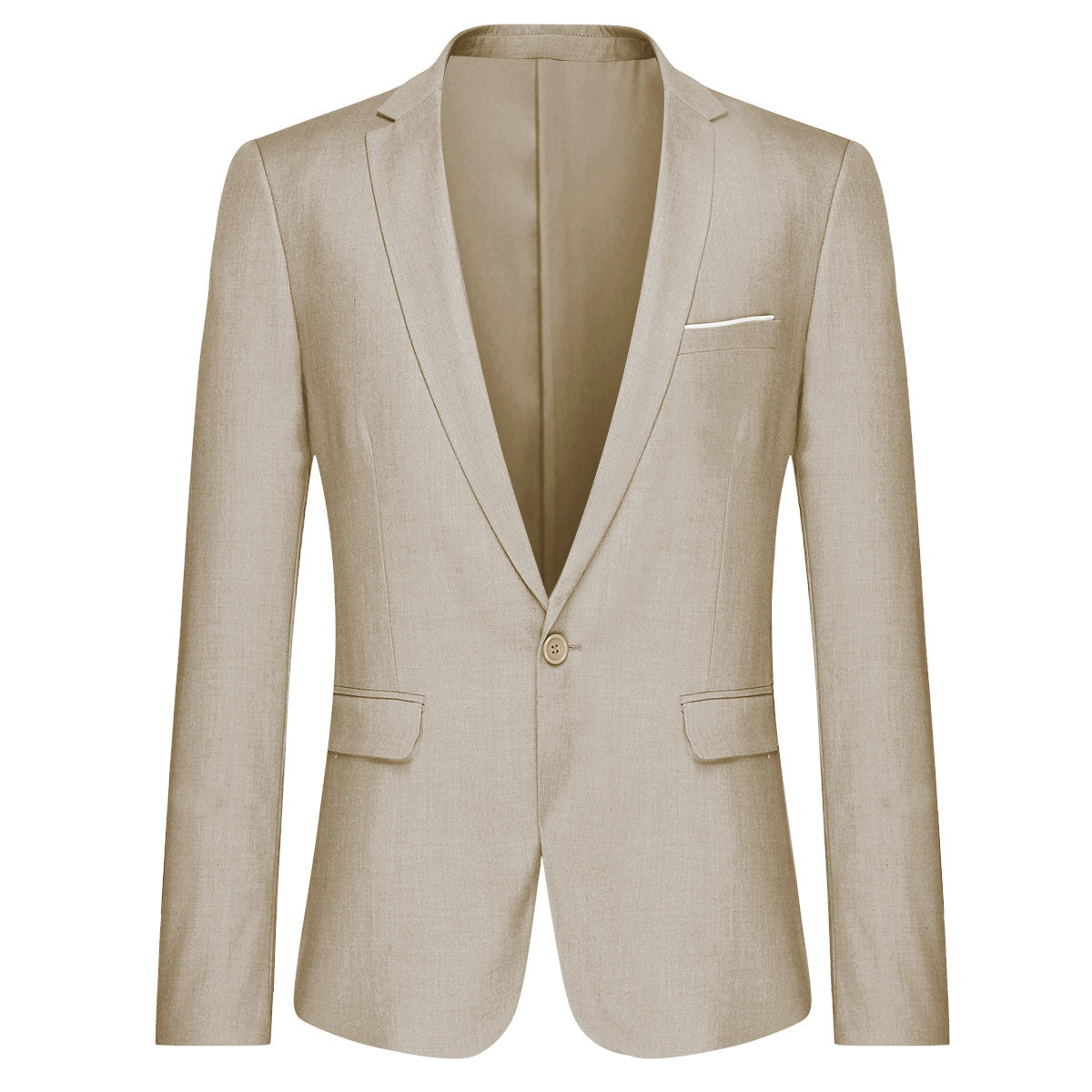 Beige # Men's one-button casual blazer with flat collar and single-breasted closure, stylish solid beige sport coat jacket with premium polyester viscose blend fabric for daily business, office, wedding and party wear, isolated on white background.