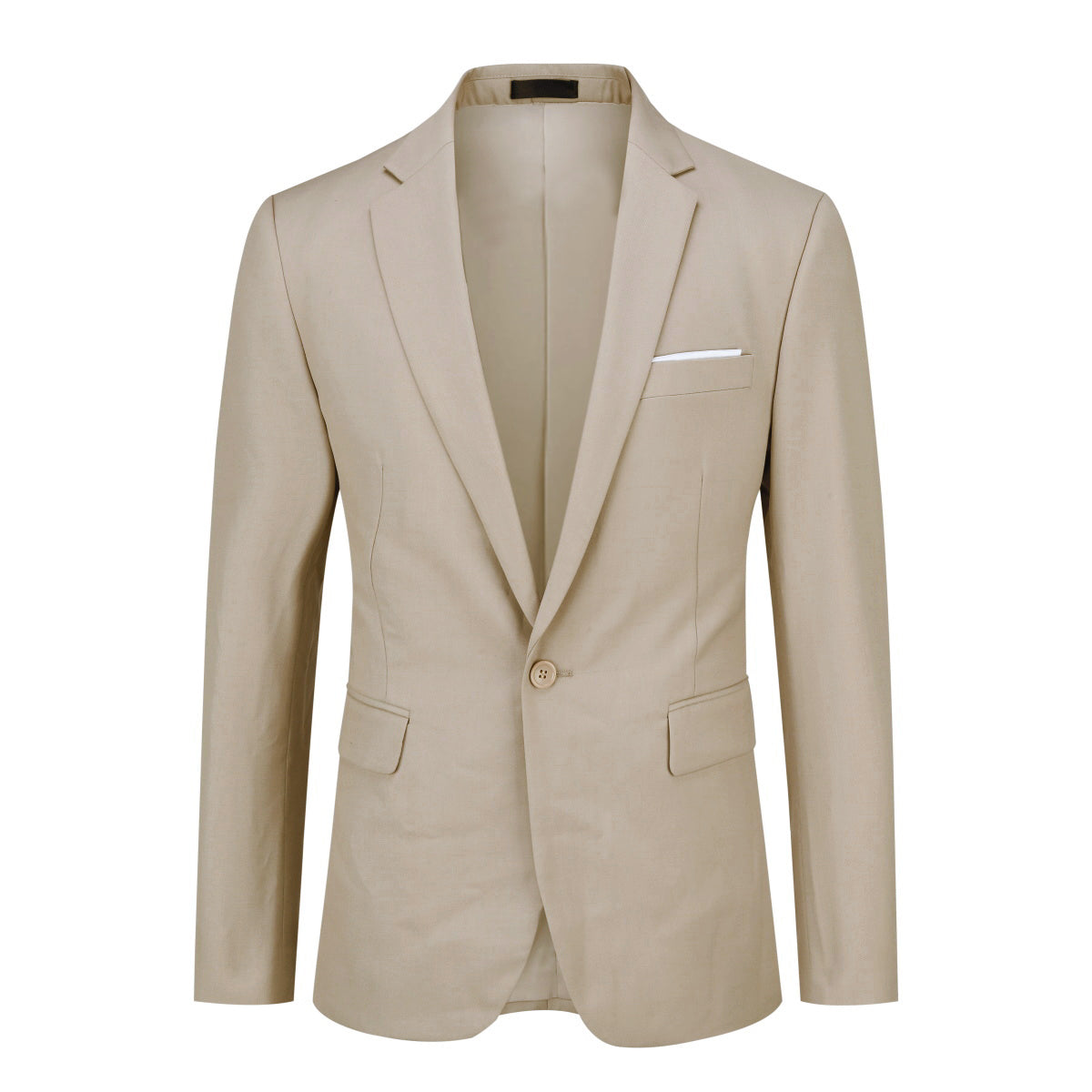 Beige # Men's one-button casual blazer with flat collar and single-breasted closure, stylish solid beige sport coat jacket with premium polyester viscose blend fabric for daily business, office, wedding and party wear, isolated on white background.