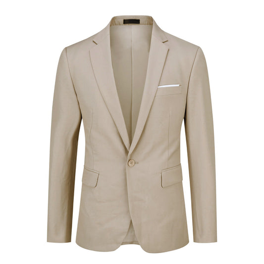 Beige # Men's one-button casual blazer with flat collar and single-breasted closure, stylish solid beige sport coat jacket with premium polyester viscose blend fabric for daily business, office, wedding and party wear, isolated on white background.