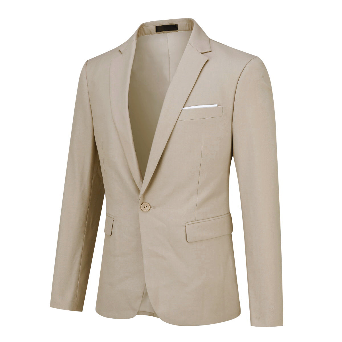 Beige # Men's one-button casual blazer with flat collar and single-breasted closure, stylish solid beige sport coat jacket with premium polyester viscose blend fabric for daily business, office, wedding and party wear, isolated on white background.