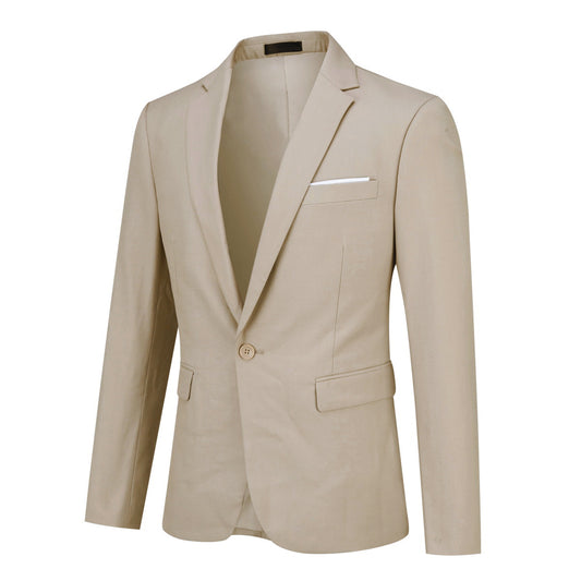 Beige # Men's one-button casual blazer with flat collar and single-breasted closure, stylish solid beige sport coat jacket with premium polyester viscose blend fabric for daily business, office, wedding and party wear, isolated on white background.