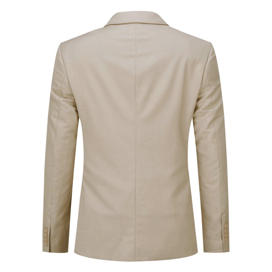 Beige # Men's one-button casual blazer with flat collar and single-breasted closure, stylish solid beige sport coat jacket with premium polyester viscose blend fabric for daily business, office, wedding and party wear, isolated on white background.