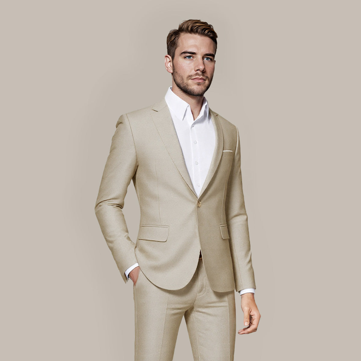 Beige # Men's one-button casual blazer with flat collar and single-breasted closure, stylish solid beige sport coat jacket with premium polyester viscose blend fabric for daily business, office, wedding and party wear, isolated on white background.