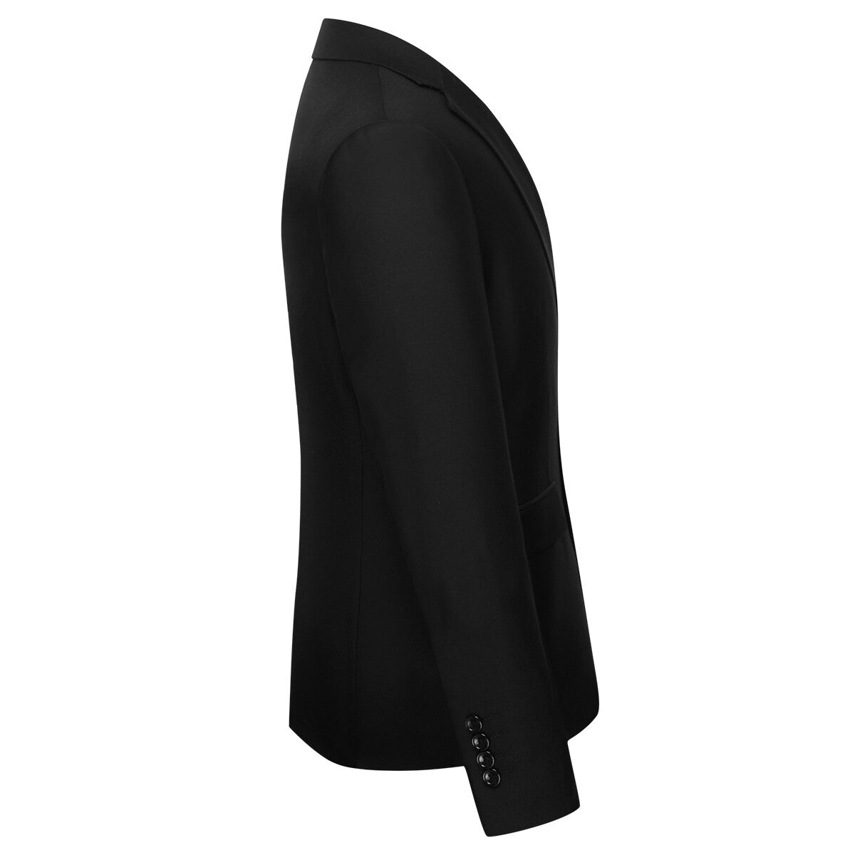 Black # Men's one-button casual blazer with flat collar and single-breasted closure, stylish black sport coat jacket with premium polyester viscose blend fabric and environmental protection buttons for business, office, wedding and daily wear, isolated on white background.