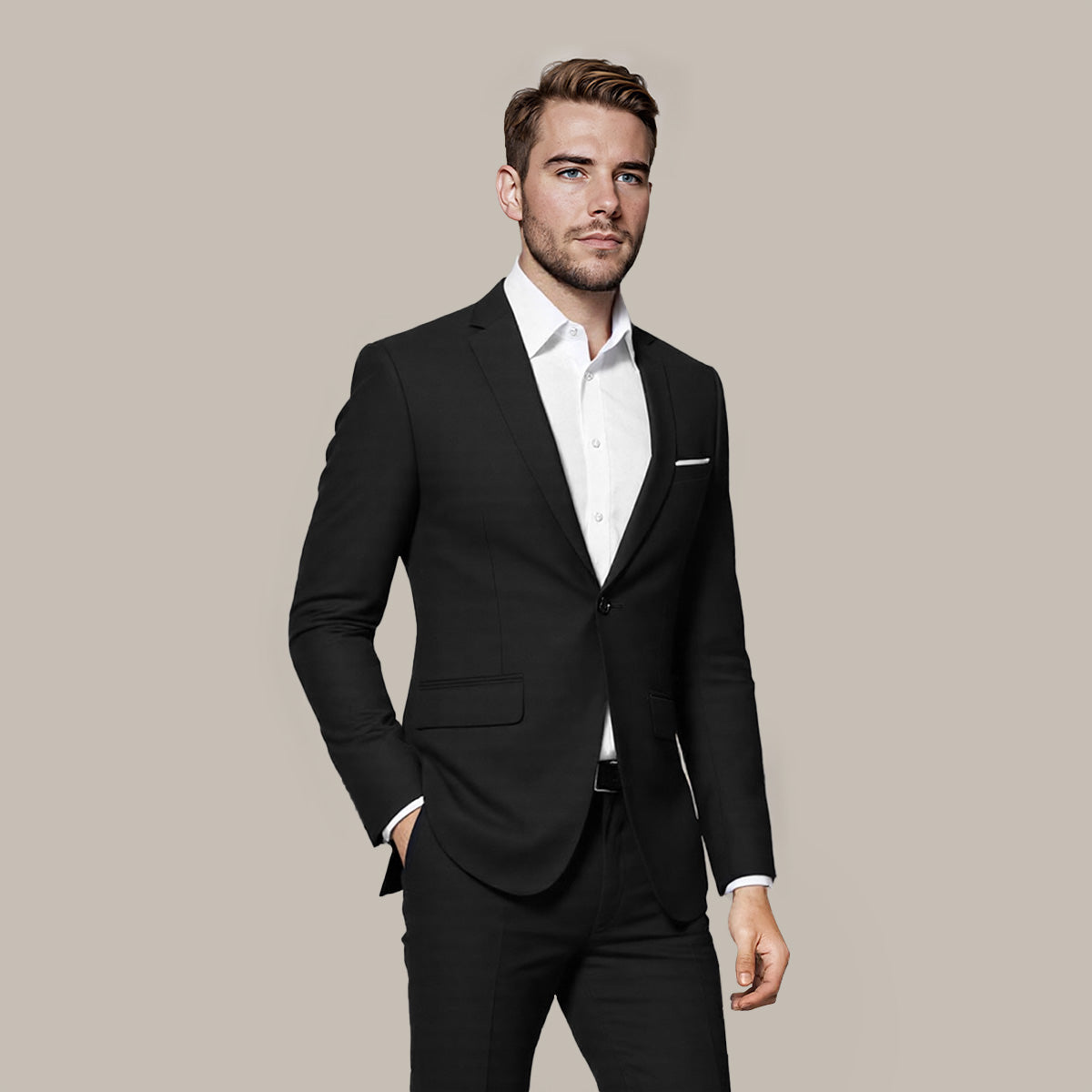 Black # Men's one-button casual blazer with flat collar and single-breasted closure, stylish black sport coat jacket with premium polyester viscose blend fabric and environmental protection buttons for business, office, wedding and daily wear, isolated on white background.