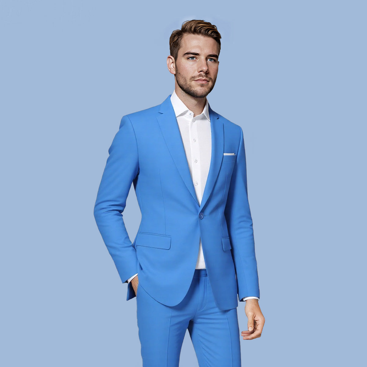 Light Blue # Men's one-button casual blazer with flat collar and single-breasted closure, stylish light blue sport coat jacket with premium polyester viscose blend fabric for daily business, office, wedding and party wear, isolated on white background.