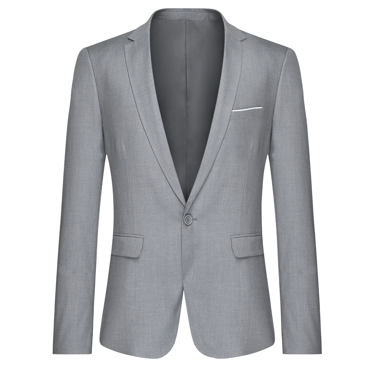 Light Grey # Men's one-button casual blazer with flat collar and single-breasted closure, stylish light grey sport coat jacket with premium polyester viscose blend fabric and环保 buttons for daily business, office, wedding and party wear, isolated on white background.