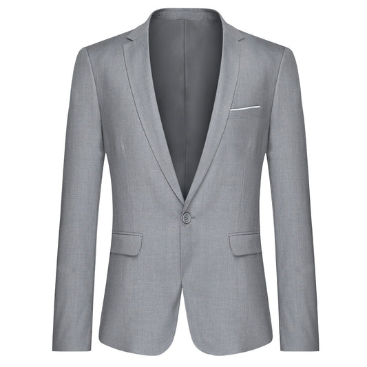 Light Grey # Men's one-button casual blazer with flat collar and single-breasted closure, stylish light grey sport coat jacket with premium polyester viscose blend fabric and环保 buttons for daily business, office, wedding and party wear, isolated on white background.