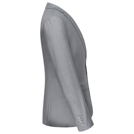 Light Grey # Men's one-button casual blazer with flat collar and single-breasted closure, stylish light grey sport coat jacket with premium polyester viscose blend fabric and环保 buttons for daily business, office, wedding and party wear, isolated on white background.