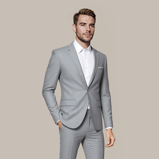 Light Grey # Men's one-button casual blazer with flat collar and single-breasted closure, stylish light grey sport coat jacket with premium polyester viscose blend fabric and环保 buttons for daily business, office, wedding and party wear, isolated on white background.