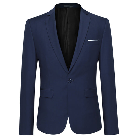 Navy # Men's one-button casual blazer with flat collar and single-breasted closure, stylish navy sport coat jacket with premium polyester viscose blend fabric and eco-friendly buttons for business, office, wedding and daily wear, isolated on white background.