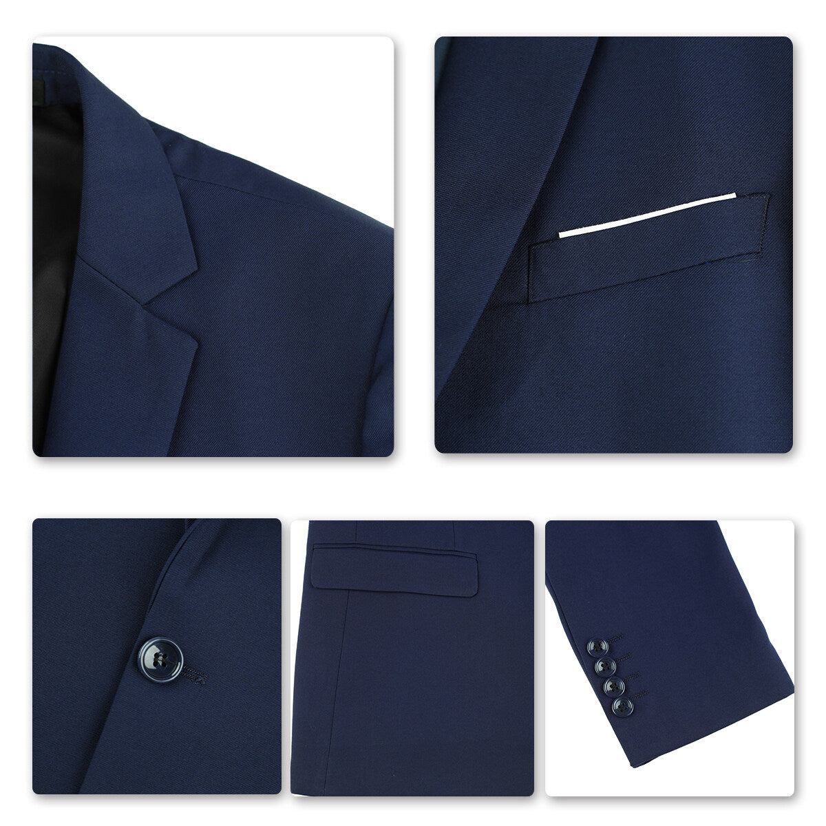 Navy # Men's one-button casual blazer with flat collar and single-breasted closure, stylish navy sport coat jacket with premium polyester viscose blend fabric and eco-friendly buttons for business, office, wedding and daily wear, isolated on white background.
