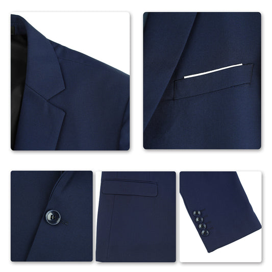 Navy # Men's one-button casual blazer with flat collar and single-breasted closure, stylish navy sport coat jacket with premium polyester viscose blend fabric and eco-friendly buttons for business, office, wedding and daily wear, isolated on white background.
