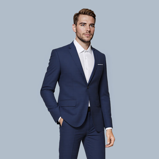Navy # Men's one-button casual blazer with flat collar and single-breasted closure, stylish navy sport coat jacket with premium polyester viscose blend fabric and eco-friendly buttons for business, office, wedding and daily wear, isolated on white background.