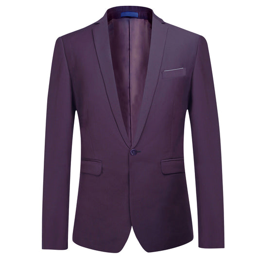 Purple # Men's one-button casual blazer with flat collar and single-breasted closure, stylish solid purple sport coat jacket with premium polyester viscose blend fabric for daily business, office, wedding and party wear, isolated on white background.