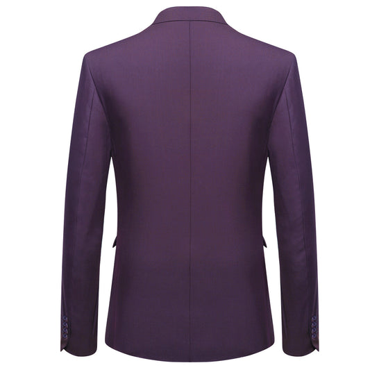 Purple # Men's one-button casual blazer with flat collar and single-breasted closure, stylish solid purple sport coat jacket with premium polyester viscose blend fabric for daily business, office, wedding and party wear, isolated on white background.