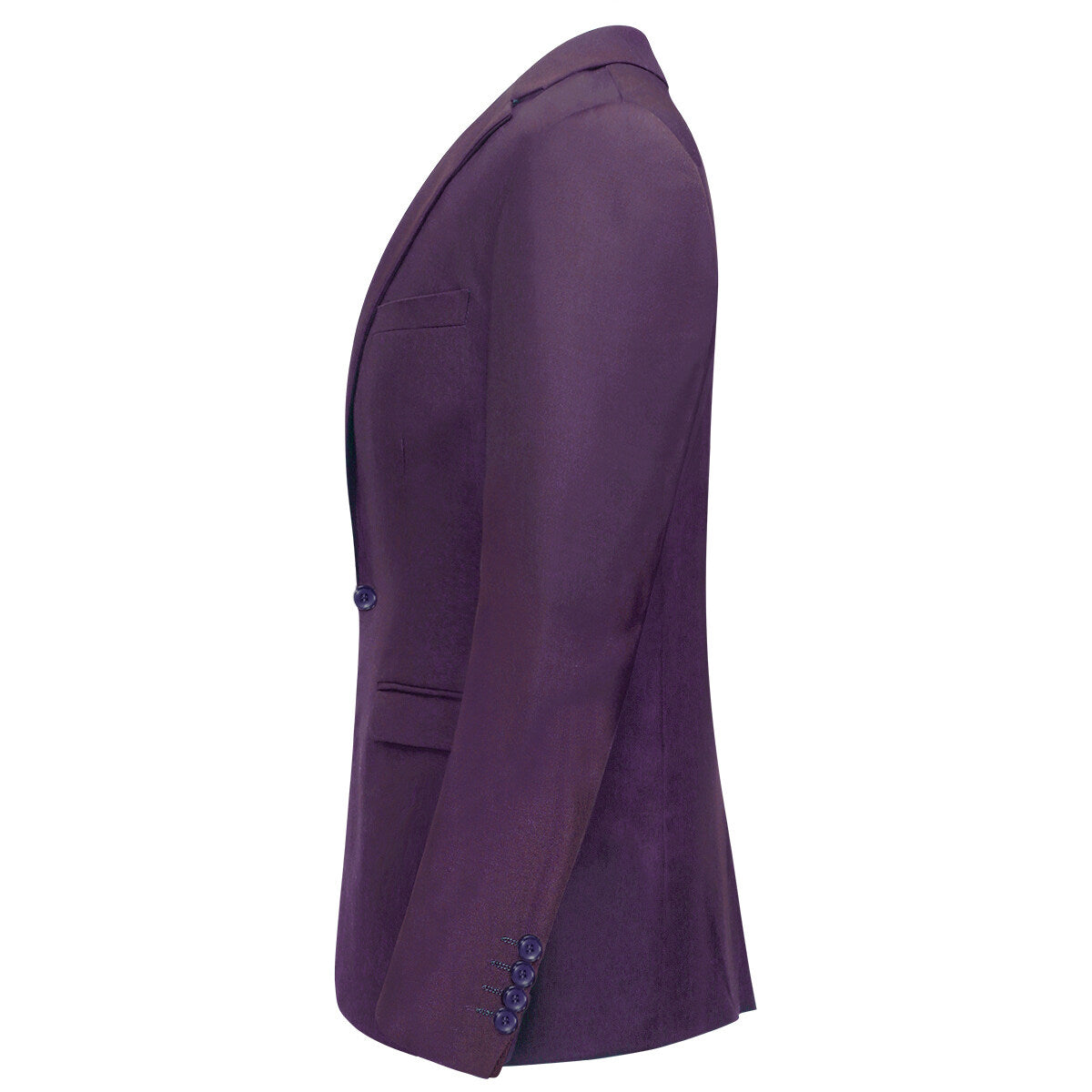 Purple # Men's one-button casual blazer with flat collar and single-breasted closure, stylish solid purple sport coat jacket with premium polyester viscose blend fabric for daily business, office, wedding and party wear, isolated on white background.