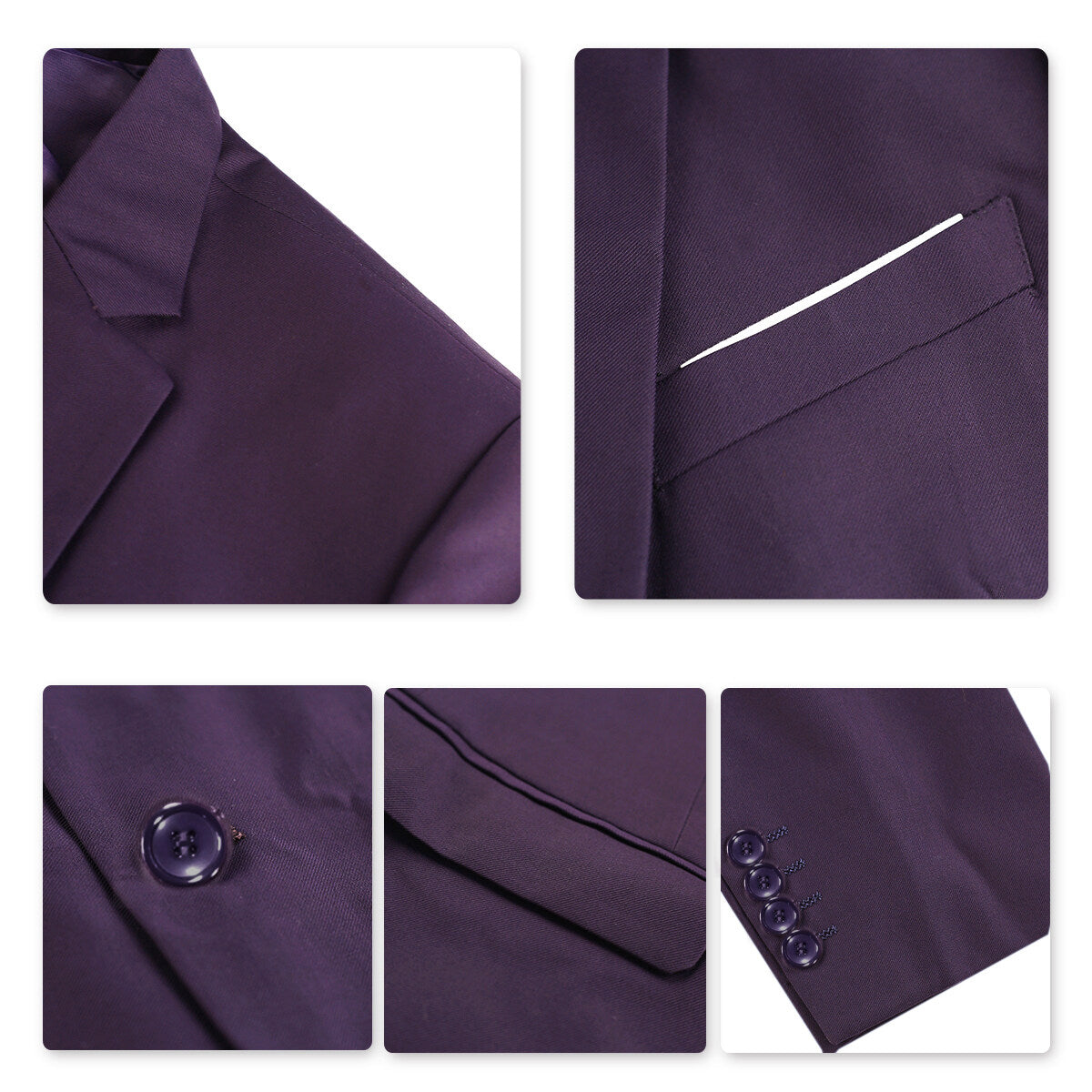 Purple # Men's one-button casual blazer with flat collar and single-breasted closure, stylish solid purple sport coat jacket with premium polyester viscose blend fabric for daily business, office, wedding and party wear, isolated on white background.