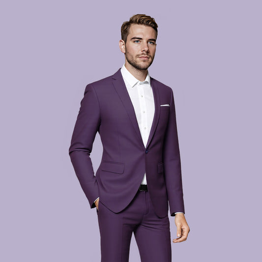 Purple # Men's one-button casual blazer with flat collar and single-breasted closure, stylish solid purple sport coat jacket with premium polyester viscose blend fabric for daily business, office, wedding and party wear, isolated on white background.