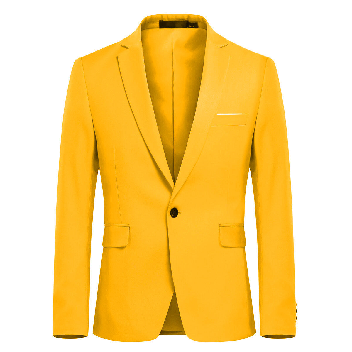 Yellow # Men's one-button casual blazer with flat collar and single-breasted closure, stylish yellow sport coat jacket with premium polyester viscose blend fabric for daily business, office, wedding and party wear, isolated on white background.