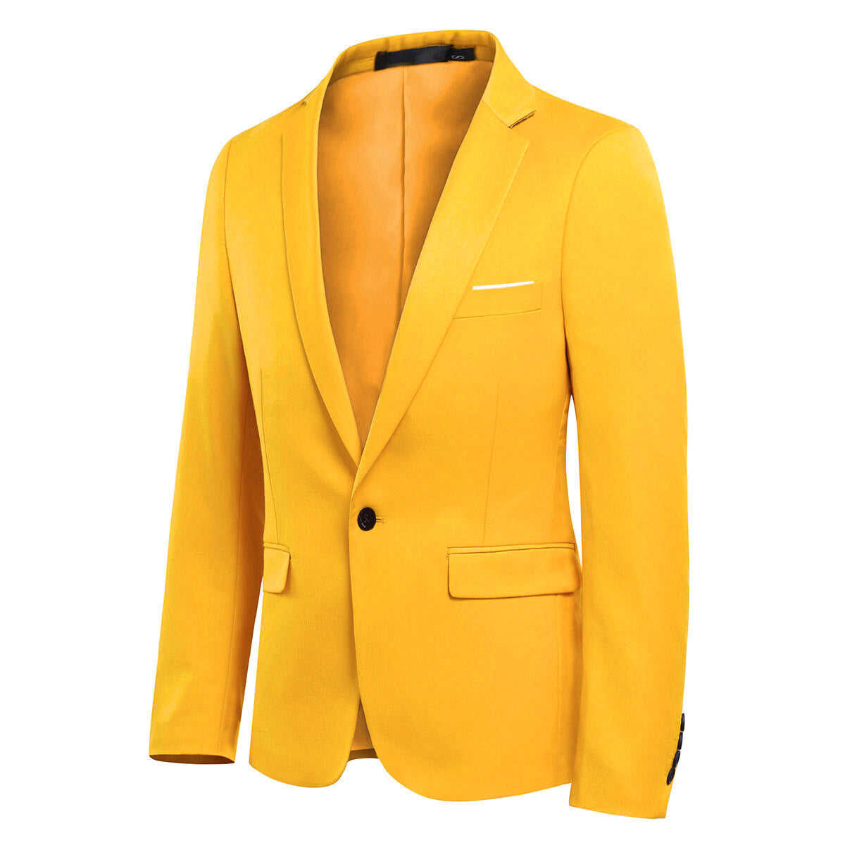 Yellow # Men's one-button casual blazer with flat collar and single-breasted closure, stylish yellow sport coat jacket with premium polyester viscose blend fabric for daily business, office, wedding and party wear, isolated on white background.