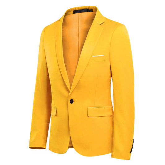 Yellow # Men's one-button casual blazer with flat collar and single-breasted closure, stylish yellow sport coat jacket with premium polyester viscose blend fabric for daily business, office, wedding and party wear, isolated on white background.