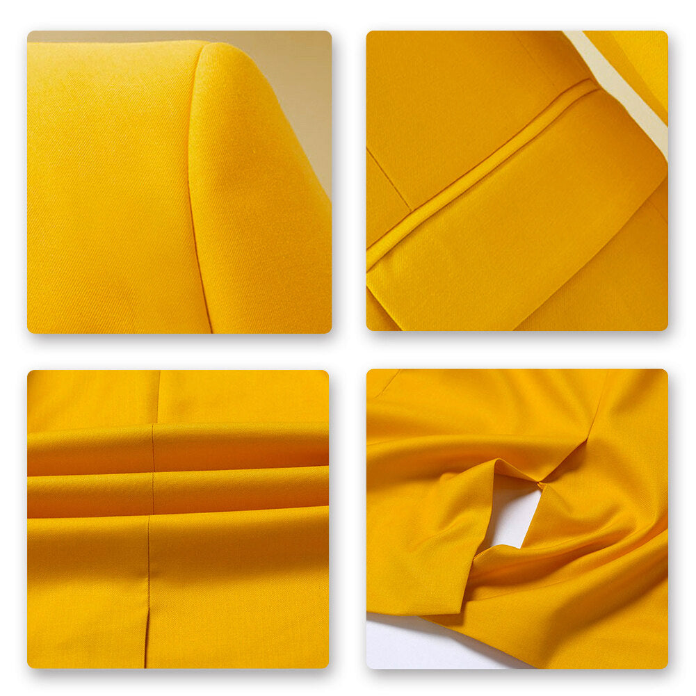 Yellow # Men's one-button casual blazer with flat collar and single-breasted closure, stylish yellow sport coat jacket with premium polyester viscose blend fabric for daily business, office, wedding and party wear, isolated on white background.