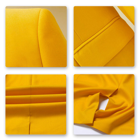 Yellow # Men's one-button casual blazer with flat collar and single-breasted closure, stylish yellow sport coat jacket with premium polyester viscose blend fabric for daily business, office, wedding and party wear, isolated on white background.