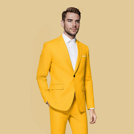 Yellow # Men's one-button casual blazer with flat collar and single-breasted closure, stylish yellow sport coat jacket with premium polyester viscose blend fabric for daily business, office, wedding and party wear, isolated on white background.