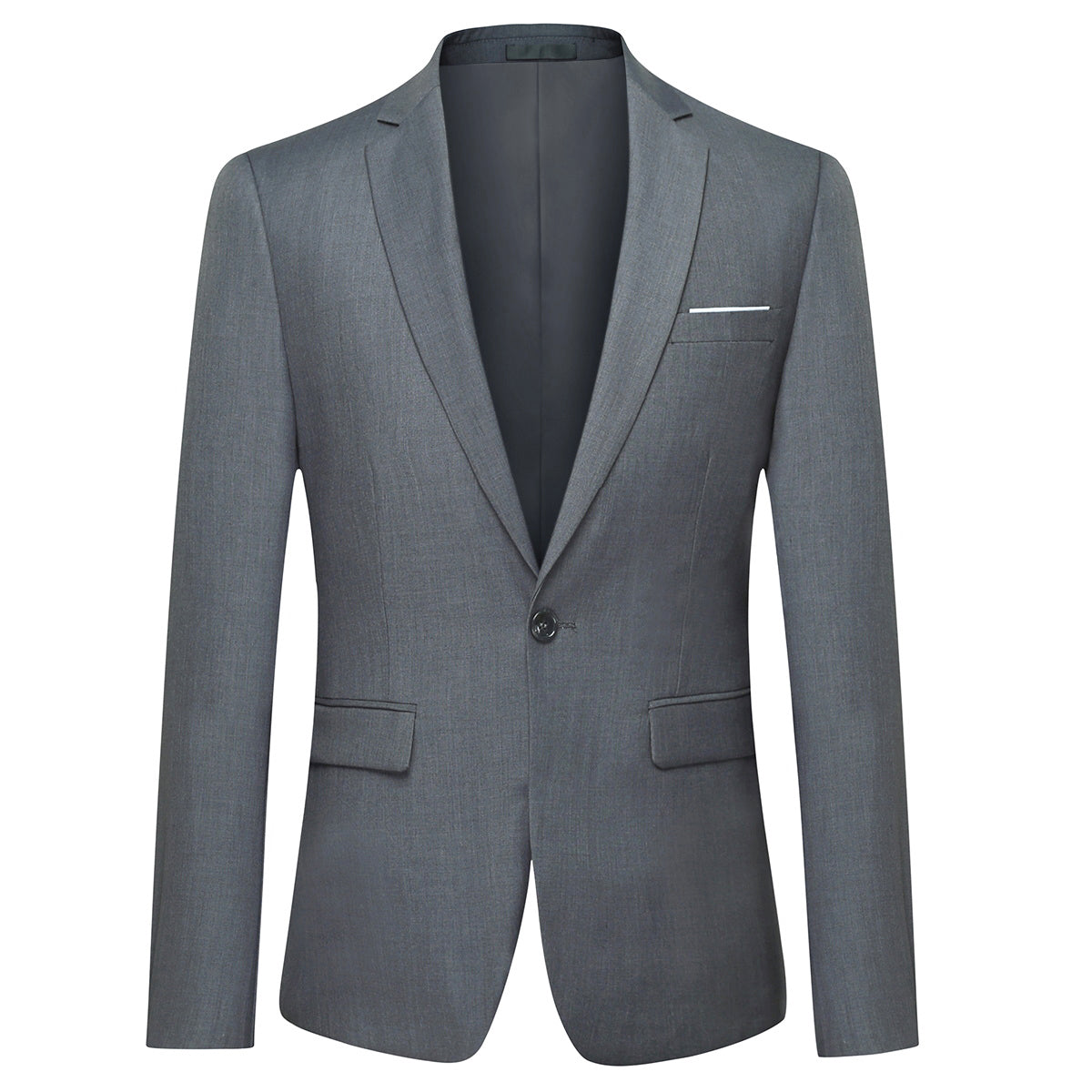 Dark Grey # Men's slim fit one-button casual blazer with notched lapel and side vents, dark grey business sport coat with four-button cuffs and fully lined interior, premium polyester viscose blend jacket for office, business, wedding and daily wear, isolated on white background.