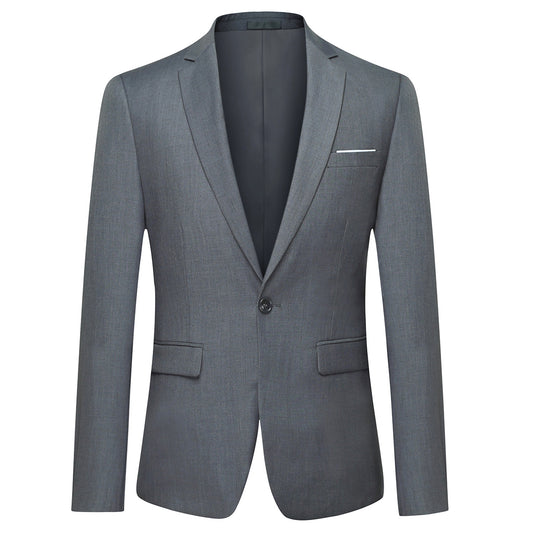 Dark Grey # Men's slim fit one-button casual blazer with notched lapel and side vents, dark grey business sport coat with four-button cuffs and fully lined interior, premium polyester viscose blend jacket for office, business, wedding and daily wear, isolated on white background.