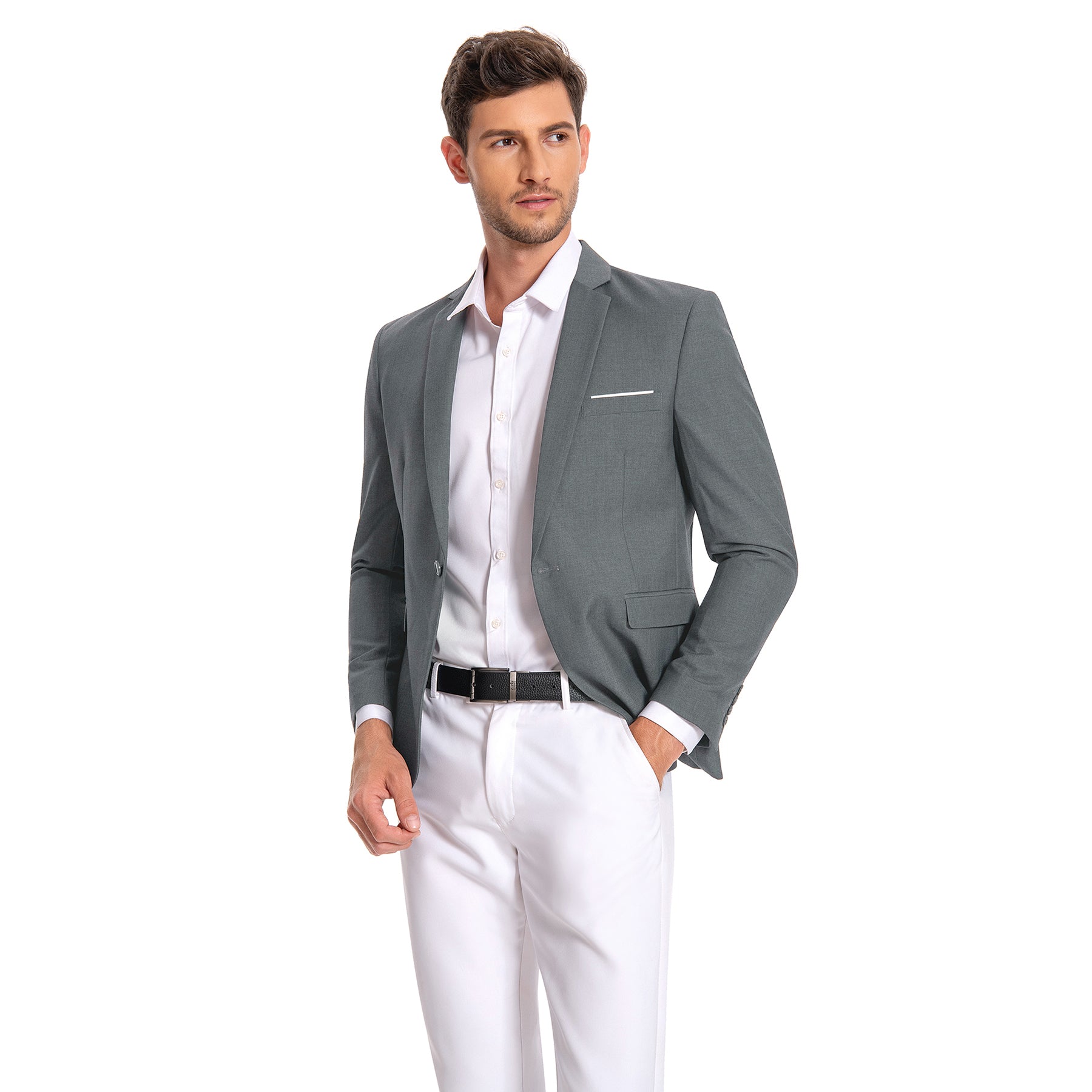 Dark Grey # Men's slim fit one-button casual blazer with notched lapel and side vents, dark grey business sport coat with four-button cuffs and fully lined interior, premium polyester viscose blend jacket for office, business, wedding and daily wear, isolated on white background.