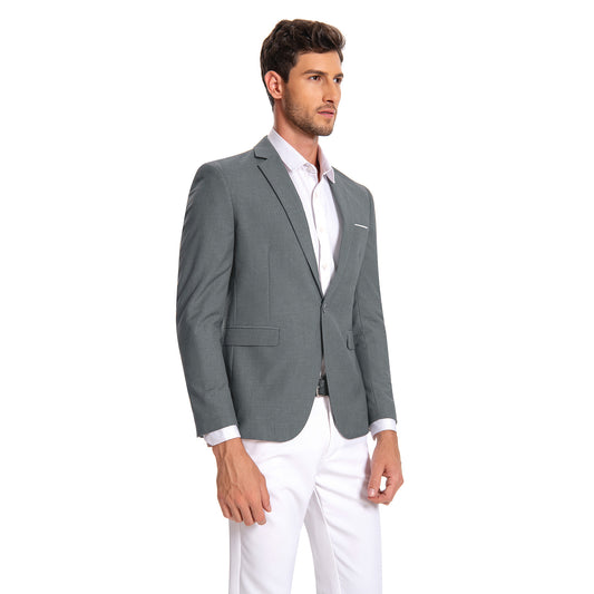 Dark Grey # Men's slim fit one-button casual blazer with notched lapel and side vents, dark grey business sport coat with four-button cuffs and fully lined interior, premium polyester viscose blend jacket for office, business, wedding and daily wear, isolated on white background.