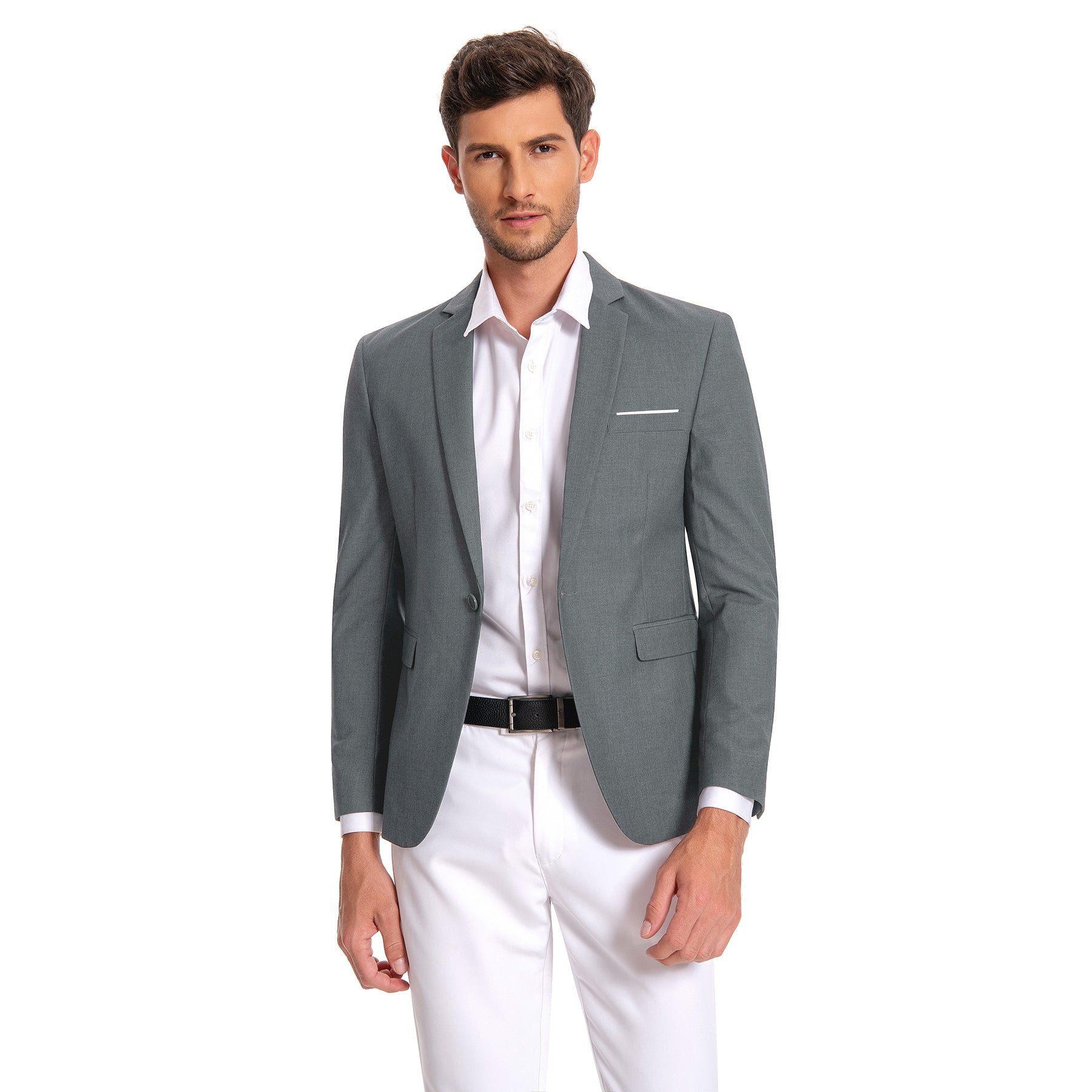 Dark Grey # Men's slim fit one-button casual blazer with notched lapel and side vents, dark grey business sport coat with four-button cuffs and fully lined interior, premium polyester viscose blend jacket for office, business, wedding and daily wear, isolated on white background.