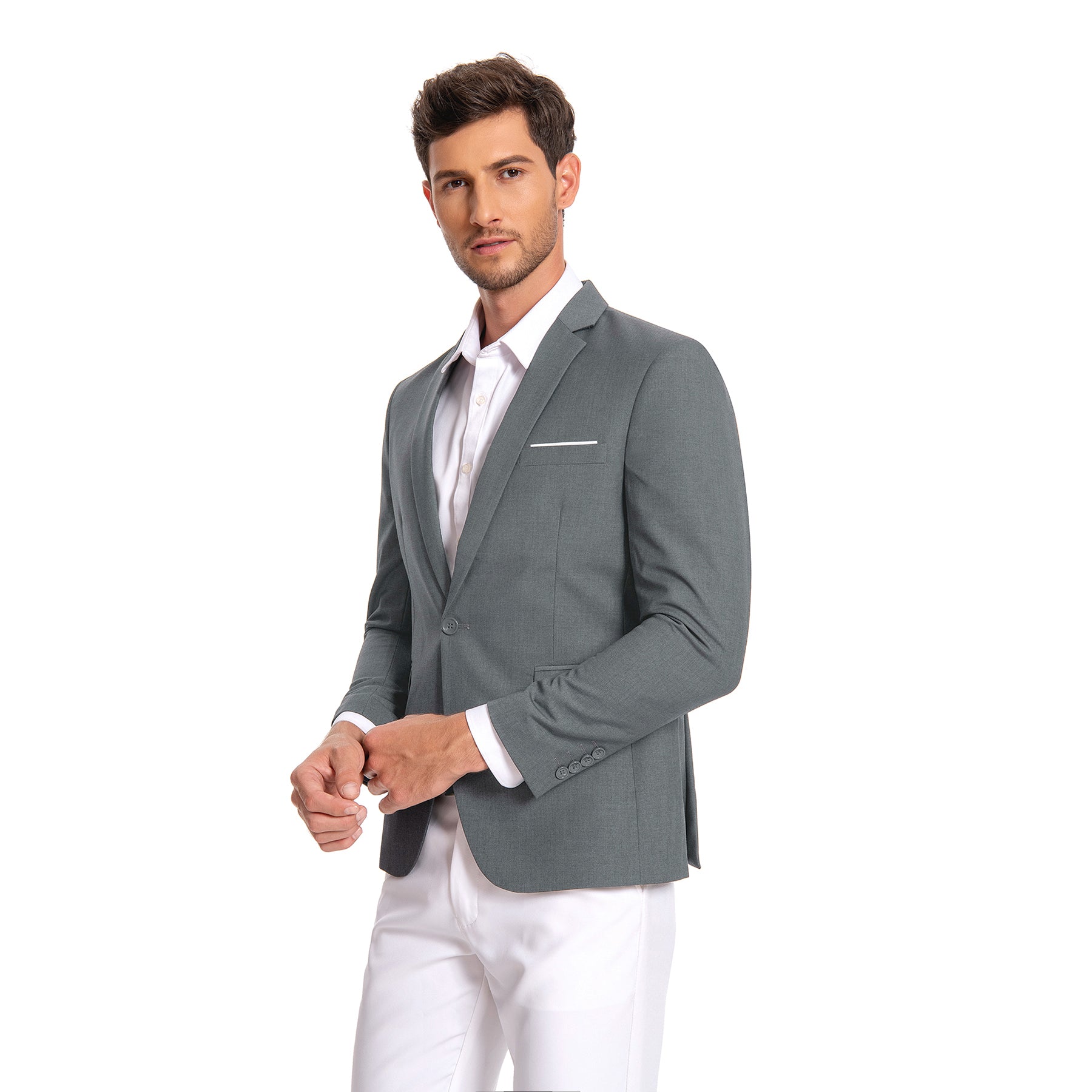 Dark Grey # Men's slim fit one-button casual blazer with notched lapel and side vents, dark grey business sport coat with four-button cuffs and fully lined interior, premium polyester viscose blend jacket for office, business, wedding and daily wear, isolated on white background.
