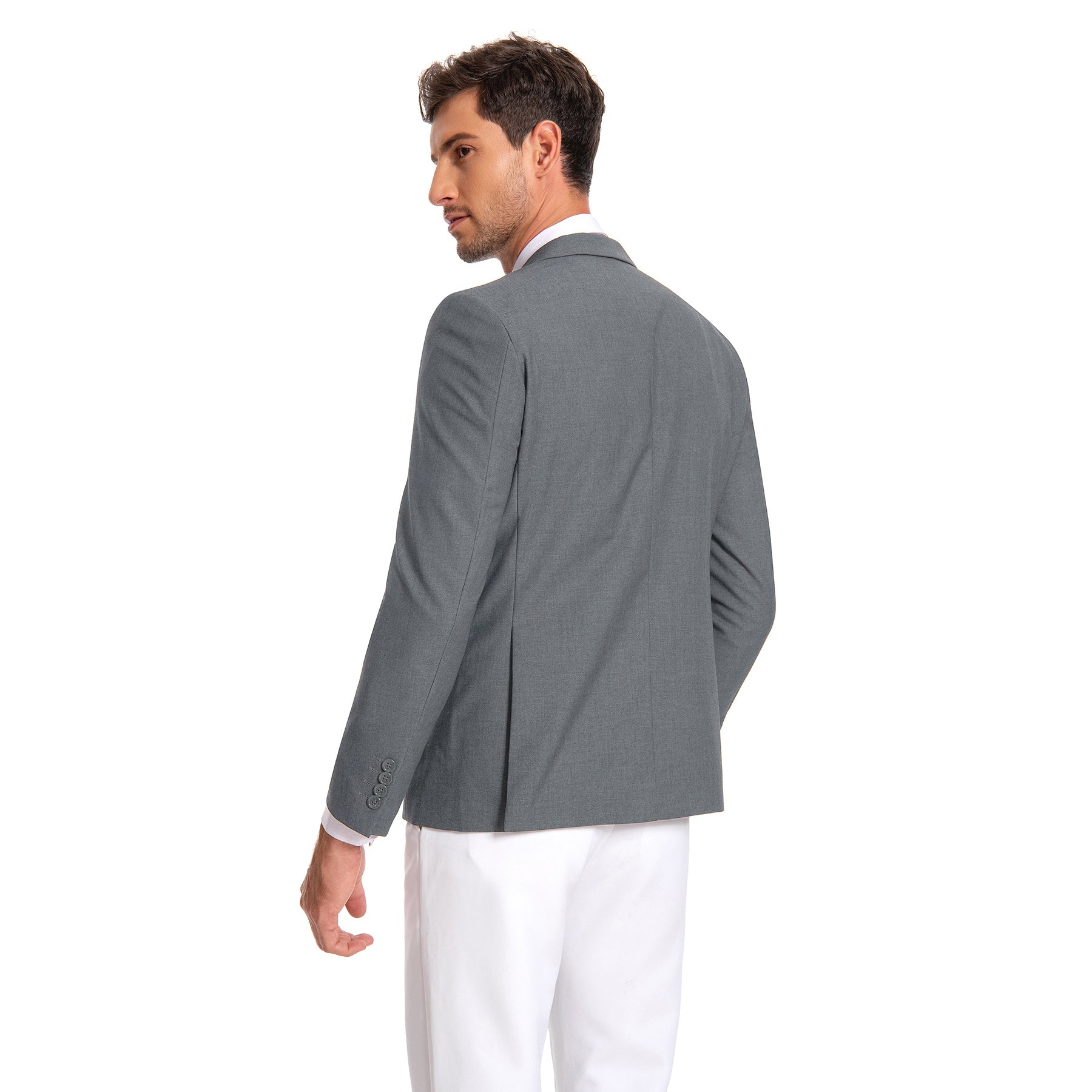 Dark Grey # Men's slim fit one-button casual blazer with notched lapel and side vents, dark grey business sport coat with four-button cuffs and fully lined interior, premium polyester viscose blend jacket for office, business, wedding and daily wear, isolated on white background.