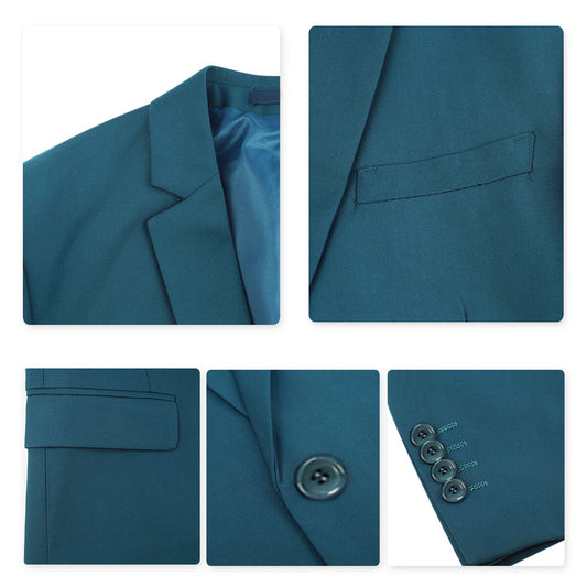 Ocean Blue # Men's slim fit casual blazer with one-button notched lapel and side vents, ocean blue business sport coat with four-button cuffs and fully lined interior, premium polyester viscose blend jacket for business, office, wedding and daily wear, isolated on white background.