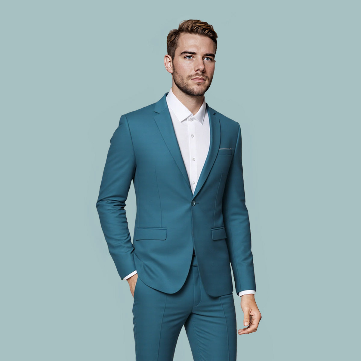 Ocean Blue # Men's slim fit casual blazer with one-button notched lapel and side vents, ocean blue business sport coat with four-button cuffs and fully lined interior, premium polyester viscose blend jacket for business, office, wedding and daily wear, isolated on white background.