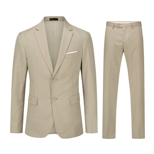 Beige # Men's slim fit 2-piece suit with peaked lapel and two-button closure, solid beige formal blazer jacket with matching flat-front trousers, classic elegant business wear for office, wedding, prom and daily events, isolated on white background.