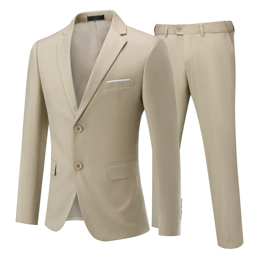 Beige # Men's slim fit 2-piece suit with peaked lapel and two-button closure, solid beige formal blazer jacket with matching flat-front trousers, classic elegant business wear for office, wedding, prom and daily events, isolated on white background.